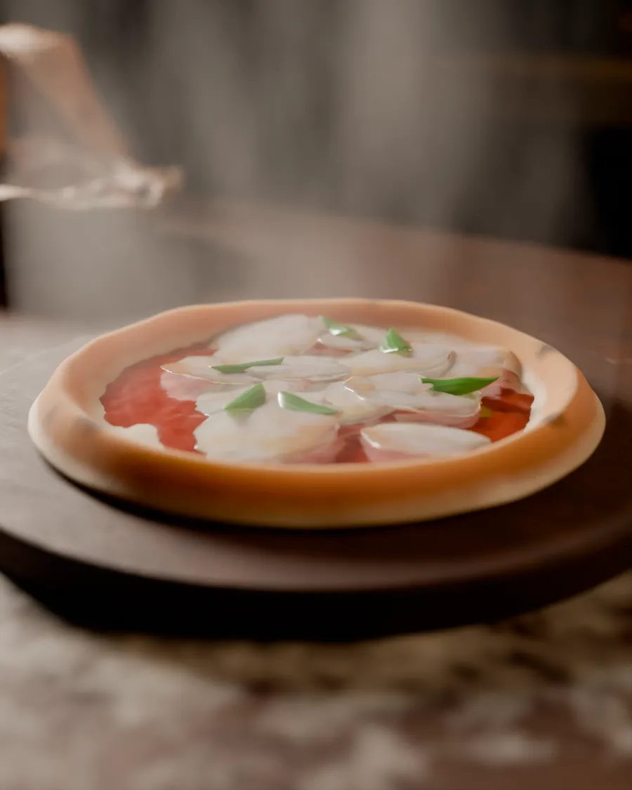 O masă pregătită: pizza Margherita, vin roșu și busuioc proaspăt